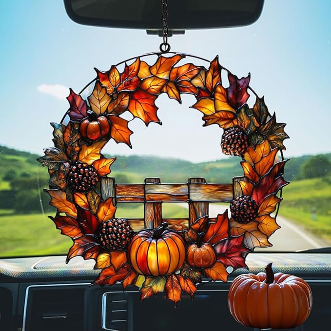Fall Floral Wreath Acrylic Suncatcher Stained Glass Effect Window Car Hanging Christmas Ornament Indoor Outdoor Decor Garden Sun Catcher Panel for Acrylic Suncatcher Lover for Women Mom Grandma