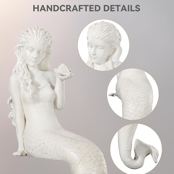Mermaid Statue Outdoor, Large 25.6 Inch Garden Sculpture Figurines for Lawn and Patio Decor, Durable MGO Stone Yard Art with Weatherproof Finish for Indoor Decor Christmas Gift Antique White