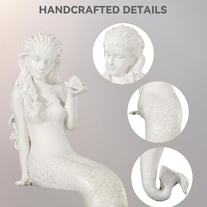 Mermaid Statue Outdoor, Large 25.6 Inch Garden Sculpture Figurines for Lawn and Patio Decor, Durable MGO Stone Yard Art with Weatherproof Finish for Indoor Decor Christmas Gift Antique White