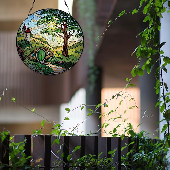 Shire Sun Catcher 7.87'' Stained Glass Window Hanging Gifts for Countryside Lover Women Scenery Wall Decor Handmade Sun Catcher Decoration for Home Garden Housewarming Gifts
