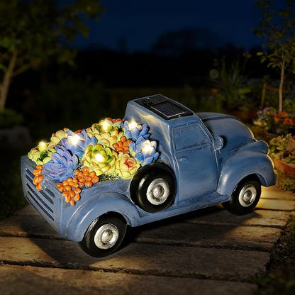 Solar Garden Decor Outdoor Statues Truck with Succulent and 7 LED Lights, Yard Decor for Outside, Yard Art Gardening Gifts for Women Mom Grandma (Blue Truck)
