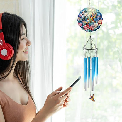 Hummingbird Wind Chimes for Outside - Hummingbird Wind Chimes with 3D Wind Spinners for Bird Lover, Hanging Art Ornament with Card for Indoors Room Home Wall Garden Patio Yard Porch Backyard