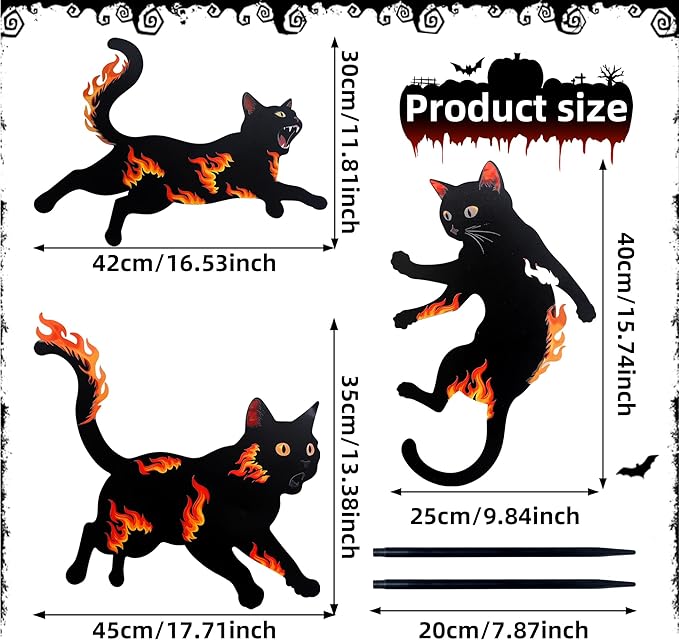 3 Pack Metal Black Cat Statues with Flame Design -Black Cat Decor Yard Signs with Stakes, Rustproof Halloween Yard Decor, Outdoor Garden Stakes for Haunted House, Lawn, and Everyday Decor (3)
