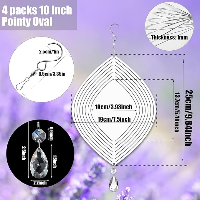 4Pack 10inch Sublimation Wind Spinner Blanks 3D Aluminum Metal Wind Sculpture Kinetic Spinners for Yard and Garden Indoor Art Ornaments Hanging Decoration (Pointy Oval)
