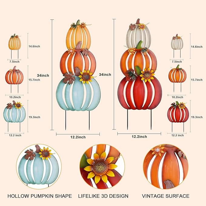 hogardeck Fall Decorations for Home Outdoor, 2 PCS 34" Decorative Garden Stakes with 6 Stacked Pumpkins for Fall Decor, Metal Yard Signs for Garden Home Lawn Patio Thanksgiving