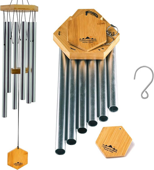 UpBlend Metal Wind Chimes Deep Tone - Outdoor Sympathy & Memorial Gift for The Loss of a Loved One, Memorial Wind Chimes, Thoughtful Sympathy Gift for Bereavement and Remembrance. 29" Silver