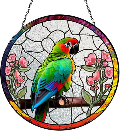 6" Parrot and Flowers Stained Glass Suncatcher Art Glass Bird and Flower for Sun Catcher Indoor Window Gift for Pet Animal Nature Floral Lover Women Mom Friend Painted Glass Panel Décor BIRD-03B-SG6