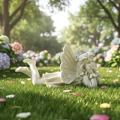 Lying Fairy Garden Statue with Hands on Chin – Outdoor Resin Angel Figurine for Yard, Patio or Lawn Decor – 10.24” Hand-Painted Fairy for Garden Fairy Scenes & Whimsical Outdoor Displays