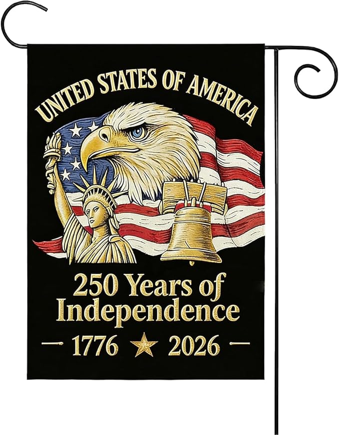 250th Anniversary Garden Flag, 250 Years of Independence Double Sided Garden Flag 12.5x18 Inch, Patriotic Yard Flag with Statue of Liberty, Bald Eagle & Liberty Bell Design, 4th of July Lawn Sign