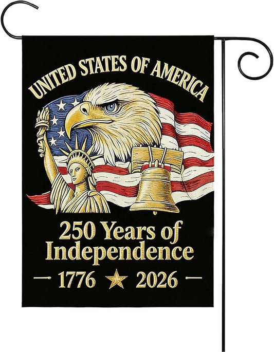250th Anniversary Garden Flag, 250 Years of Independence Double Sided Garden Flag 12.5x18 Inch, Patriotic Yard Flag with Statue of Liberty, Bald Eagle & Liberty Bell Design, 4th of July Lawn Sign