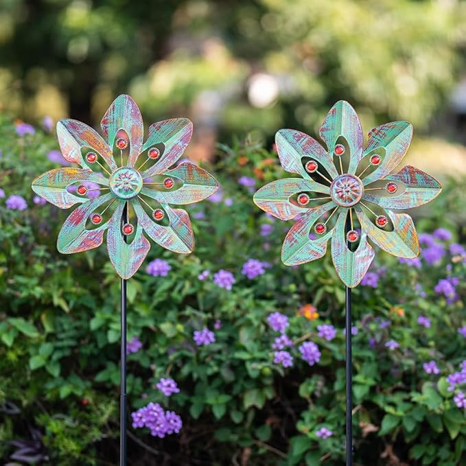 VEWOGARDEN 2 Pack Wind Spinners Outdoor, Metal Wind Spinner with Flower Design for Yard Garden Lawn Decorations, Copper Green