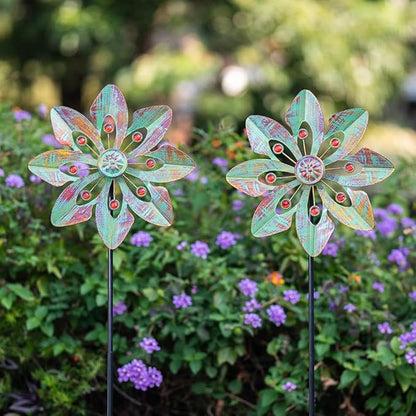 VEWOGARDEN 2 Pack Wind Spinners Outdoor, Metal Wind Spinner with Flower Design for Yard Garden Lawn Decorations, Copper Green
