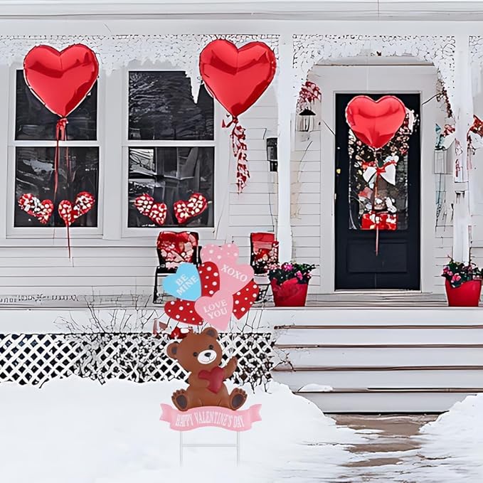 YEAHOME Valentines Day Decorations Outdoor, Metal Bear Decorative Garden Stakes with Love Balloon for Valentines Day Decor, Happy Valentine's Day Yard Signs for Home Porch Lawn Wedding Anniversary