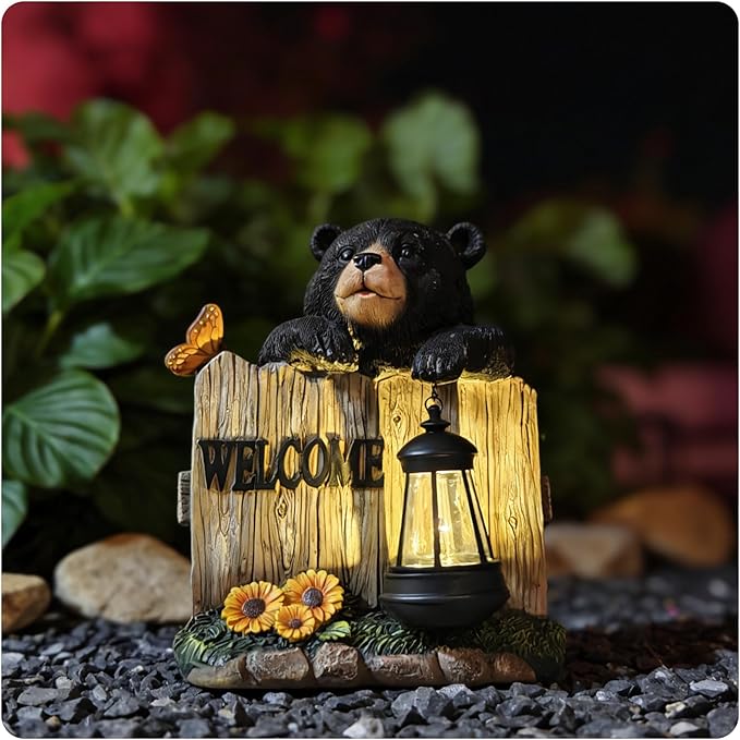 Garden Black Bear Welcome Sign with Solar Lantern, Decorative Outdoor Statue with Butterfly and Sunflowers, Lawn and Porch Decor