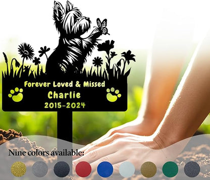 Custom Yorkshire Terrier Dog Memorial Grave Marker,Personalized Metal Flora Dog Memorial Garden Stake,Dog Memorial Plaque Burial Stake Engraved Sign,Sympathy Stake for Lost Dog,Dog Headstone