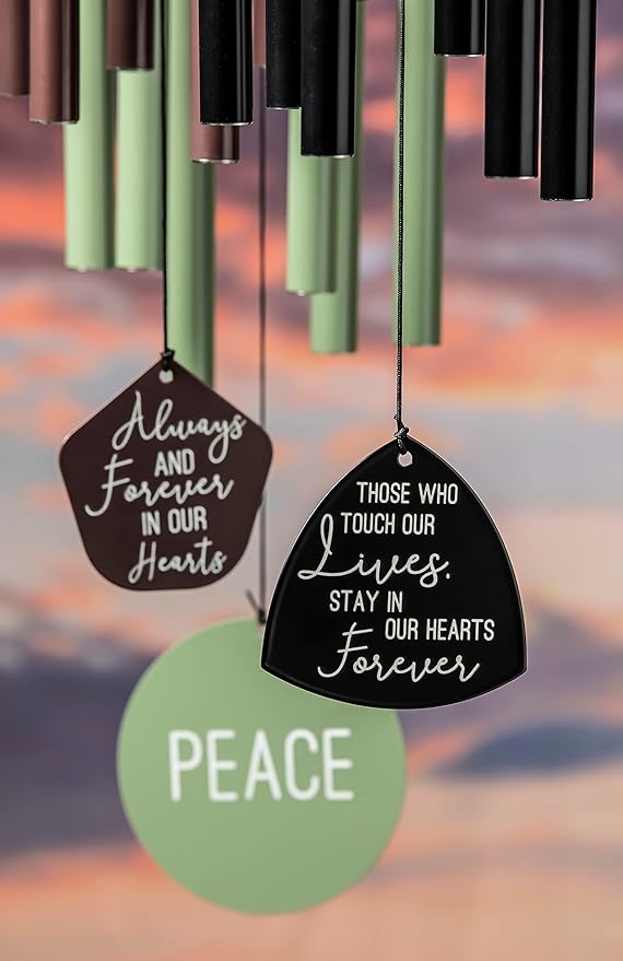 Evergreen Hand Tuned Memorial Wind Chime for Outside | Stay in Our Hearts Forever | Scale of A | Deep Tone | Powder-Coated Metal | Black | 30-Inches Tall | Sympathy Gift for Home Garden Decoration