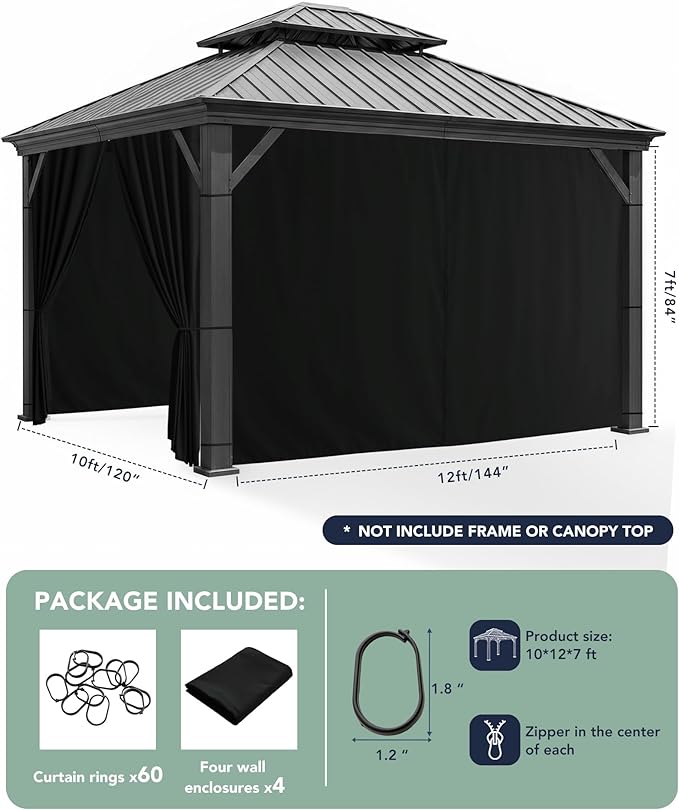 Patio Curtains Outdoor Waterproof - 10'Wx12'Lx7'H Weatherproof Pergola Outside Curtains, Gazebo Universal Replacement Privacy Curtains, 4 Panels Sidewall Drapes with Zipper, Black