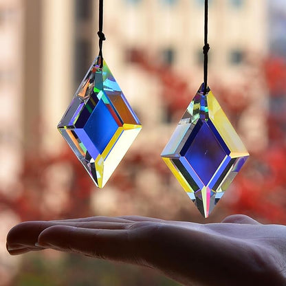 2PCS Simple Geometry Crystal Sun Catcher Prisms, stino Hanging Suncatchers with Glass Prism, Rainbow Maker for Windows, Balcony, Kitchen, Garden Decoration (1, Rhombus ABColor 2Pcs)