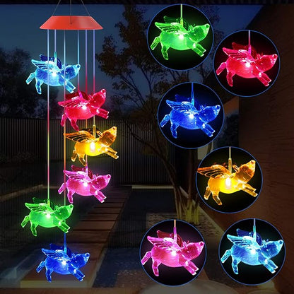 Outdoor Solar Flying Pig Wind Chimes Lights for Home/Garden/Rooms/Patio/Indoor/Outside Decor, Memorial Wind Catcher,Color Changing Waterproof Blessing Wind Bells Gifts for Mom, Women,Grandma,Family
