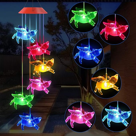 Outdoor Solar Flying Pig Wind Chimes Lights for Home/Garden/Rooms/Patio/Indoor/Outside Decor, Memorial Wind Catcher,Color Changing Waterproof Blessing Wind Bells Gifts for Mom, Women,Grandma,Family