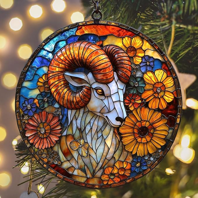 Vivid Ram Mosaic Floral Art Acrylic Suncatcher Stained Glass Effect Window Car Hanging Christmas Ornament Indoor Outdoor Decor Garden Sun Catcher Panel for Zodiac Lover for Women Mom Grandma
