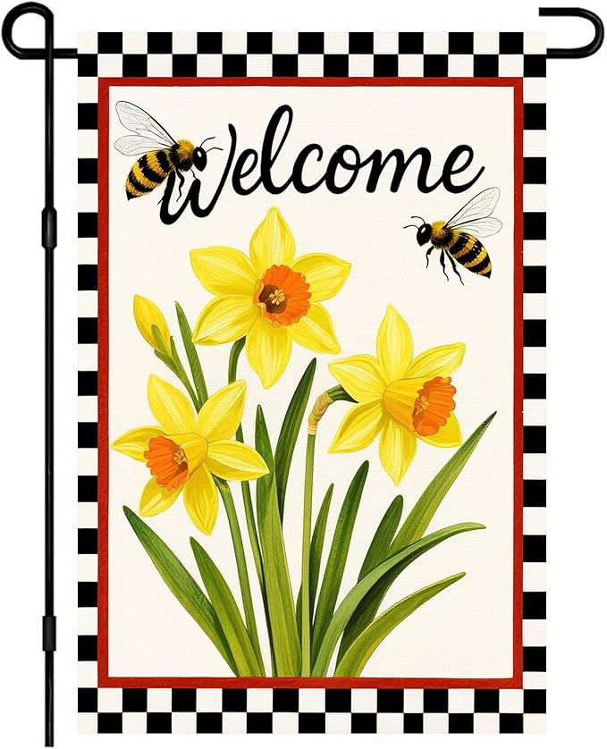 IVN Welcome Garden Flag 12x18 Inch Double Sided Spring Summer Garden Yard Flags Daffodils Bees Decorative Small Flags for Outdoor Seasonal Front Door Lawn Porch Patio Decor Yard Flag