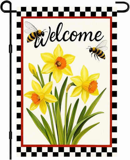 IVN Welcome Garden Flag 12x18 Inch Double Sided Spring Summer Garden Yard Flags Daffodils Bees Decorative Small Flags for Outdoor Seasonal Front Door Lawn Porch Patio Decor Yard Flag