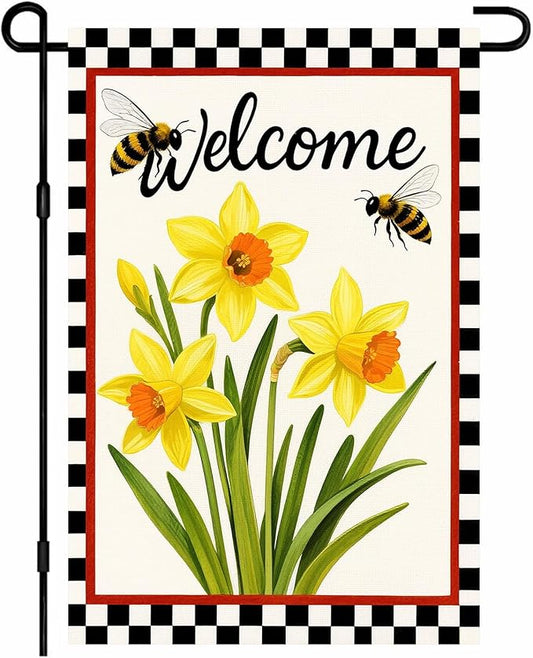 IVN Welcome Garden Flag 12x18 Inch Double Sided Spring Summer Garden Yard Flags Daffodils Bees Decorative Small Flags for Outdoor Seasonal Front Door Lawn Porch Patio Decor Yard Flag