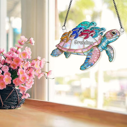 Personalized Grandma Flower Stained Glass Suncatchers, Custom Name Mom Sun Catcher, Mothers Day Flower Bouquet Acrylic Window Hanging Ornament, Mother's Day Christmas Birthday Gifts (Style 13)
