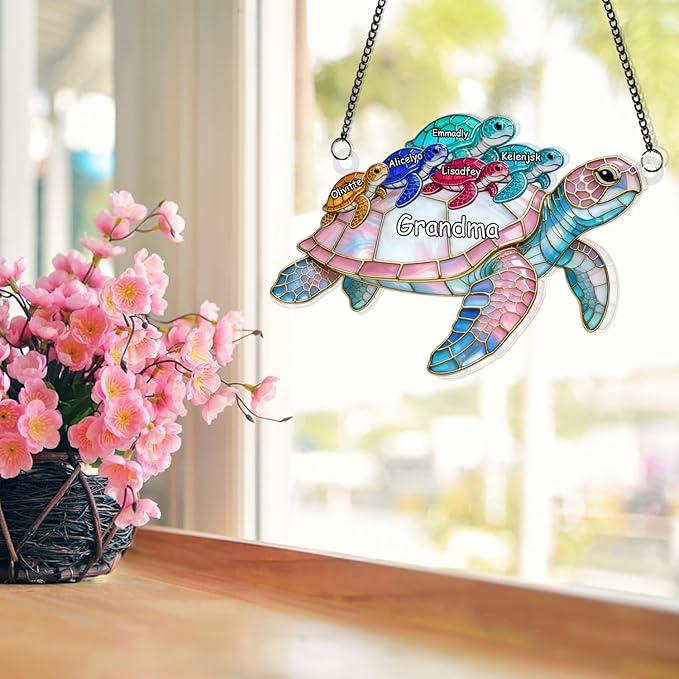 Personalized Grandma's Little Turtles Stained Glass Suncatchers, Custom Name Birth Month Flowers Acrylic Window Hanging Ornament, Mothers Day Christmas Birthday Gifts for Grandma Mom (Style 08)