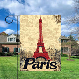 Gkyygk Paris Eiffel Tower Welcome Garden Flag Vintage Floral 12x18 Inch Double Sided Small Burlap Banners Yard House Seasonal Farmhouse Home Decor for Men Women