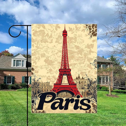 Gkyygk Paris Eiffel Tower Welcome Garden Flag Vintage Floral 12x18 Inch Double Sided Small Burlap Banners Yard House Seasonal Farmhouse Home Decor for Men Women