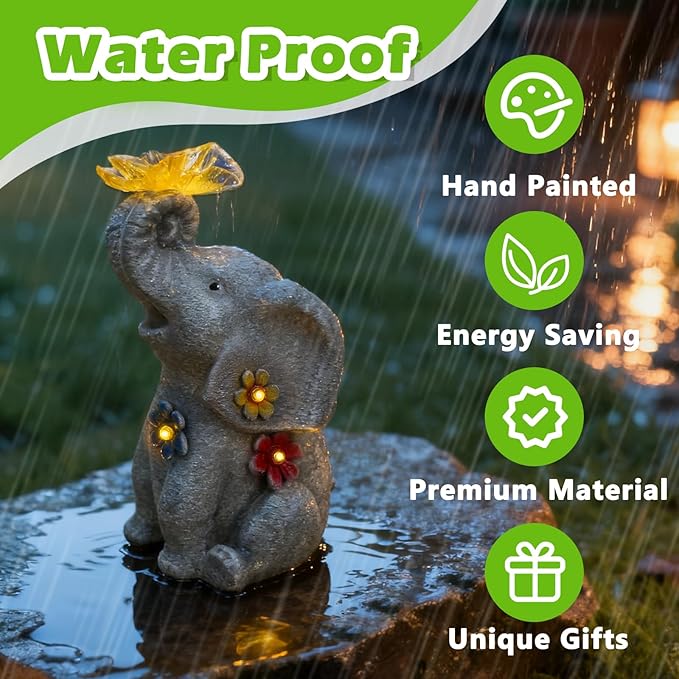 Lucky Elephant Garden Statue with Solar Butterfly Light - Prosperity Figurine with Rustic Finish & Colorful Accents - Waterproof Outdoor Decor for Home Entrance & Patio