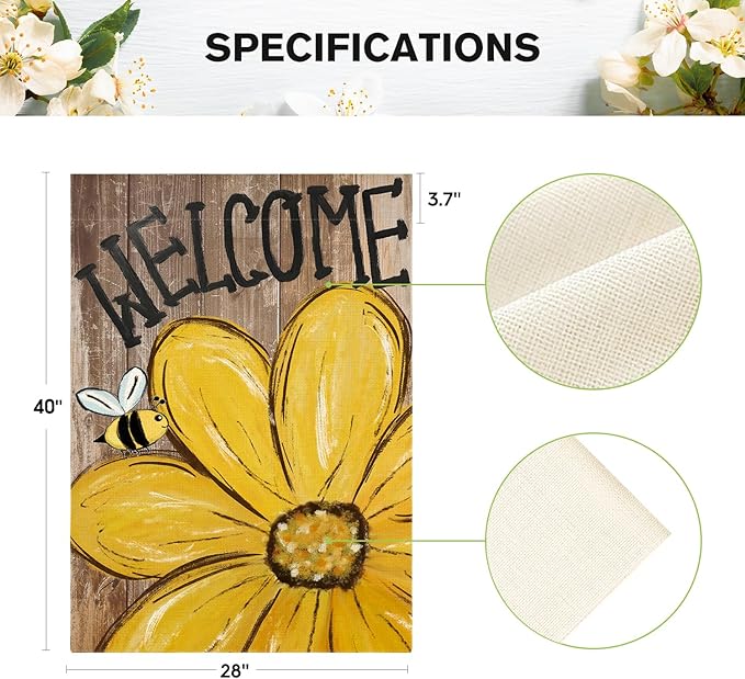AVOIN colorlife Bee Sunflower Spring Summer House Flag 28x40 Inch Double Sided Outside, Welcome Wood Grain Yard Outdoor Flag