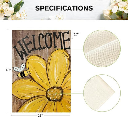 AVOIN colorlife Bee Sunflower Spring Summer House Flag 28x40 Inch Double Sided Outside, Welcome Wood Grain Yard Outdoor Flag