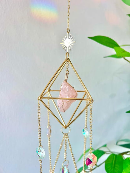 Crystal Suncatcher Rose Quartz, St Valentines Gift Spiritual, Sun Catcher Hanging for Windows, Rainbow Maker, Garden Home Decor, Natural Gemstone Boho Decor (Rose Quartz)