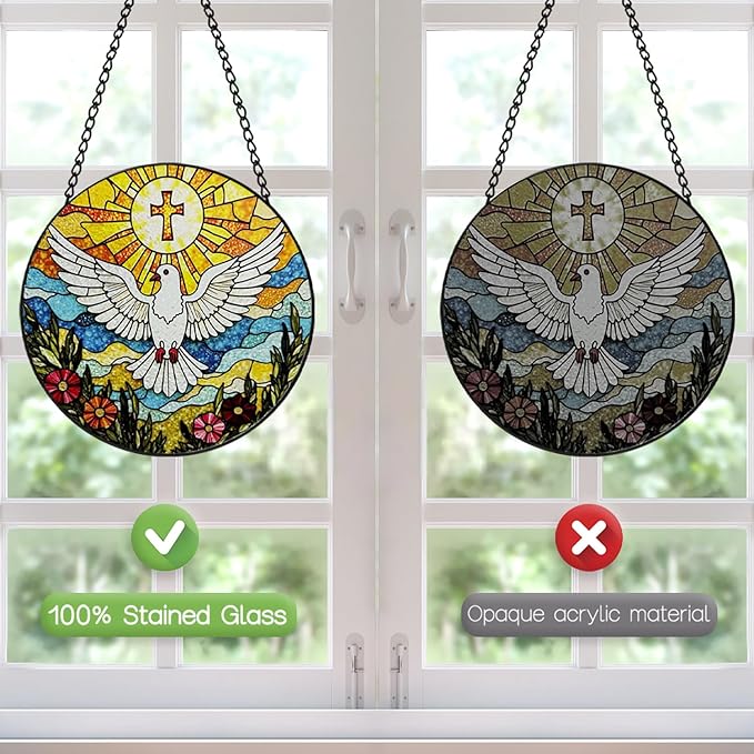 Stained Glass Cross Pigeon Suncatcher Window Hanging, Religious Sun Catchers Indoor Window, Suncatchers for Windows Hanging, Home Garden Decor Glass Panel, Easter Faith Christian Gifts for Women Men