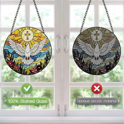 Stained Glass Cross Pigeon Suncatcher Window Hanging, Religious Sun Catchers Indoor Window, Suncatchers for Windows Hanging, Home Garden Decor Glass Panel, Easter Faith Christian Gifts for Women Men
