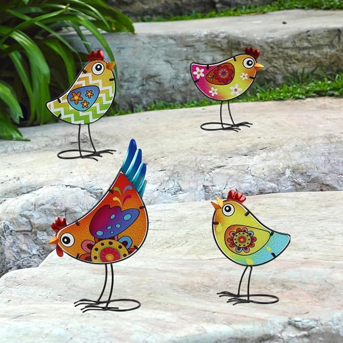 4 Pack Chicken Garden Decor for Outside, Rooster Glass & Metal Yard Art Decoration for Porch Patio, Bird Garden Statues Gifts for Grandma Mom Women (Colorful)