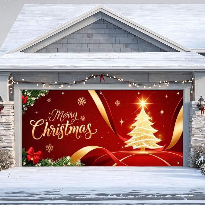 IVN Merry Christmas Garage Door Cover Decoration 13x6ft Golden Ribbon Tree on Red Holiday Christmas Banner Home Garage Door Front Yard Decor for Xmas Eve Winter Scene Holiday Outdoor Background