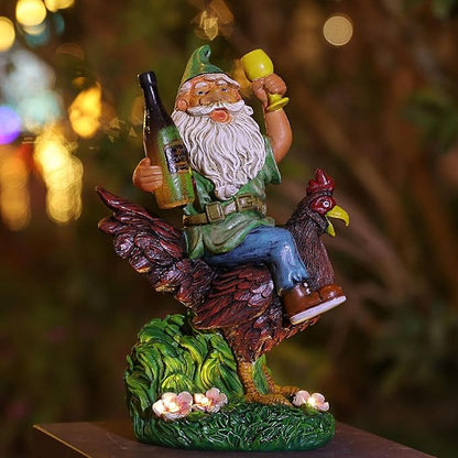 Garden Gnomes Statue Outdoor Decor,Funny Gnome Riding Rooster Sculptures Art Decor, Ideal Decoration for Yard Balcony Patio Lawn Home House - Birthday Gifts