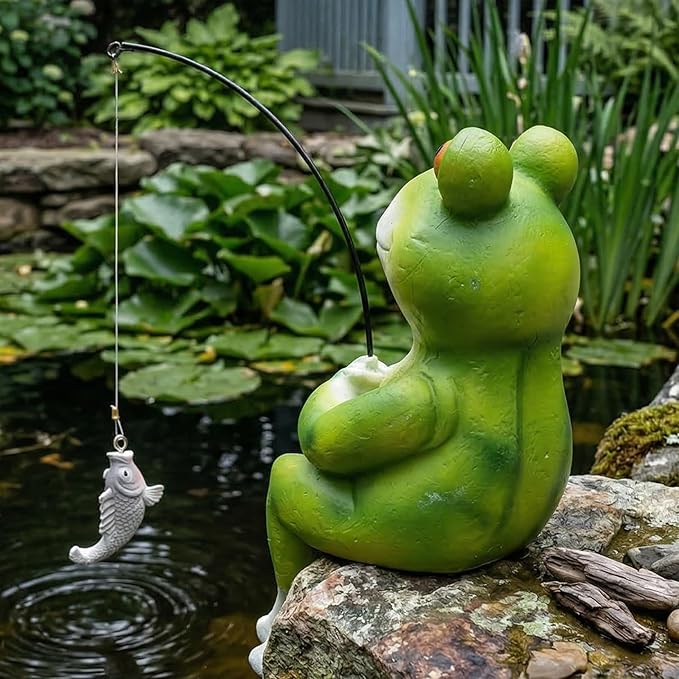 Elenon Funny Frog with Fishing Pole Garden Decorative, 9" Adorable Flower Bed Decor Frog Statue, Yard Patio Art Decor Sculptures Table Ornament