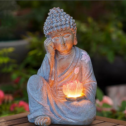 Buddha Statue Outdoor with Lotus Flower Light, IP65 Waterproof Solar Statue Lights, Outdoor Statues for Garden, Zen Decor for Garden, Home, Patio, Lawn