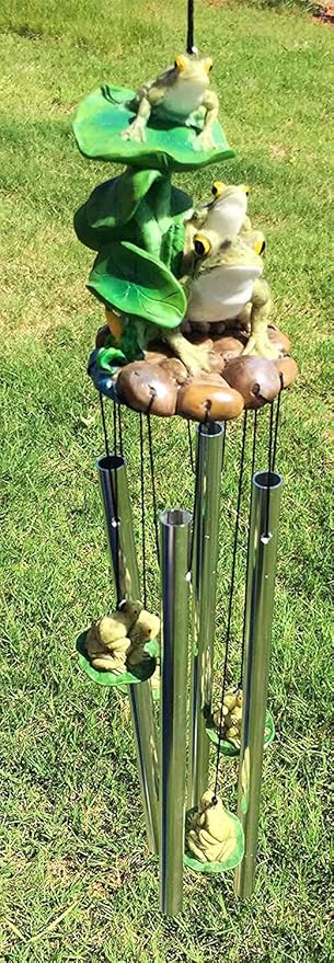 Ebros Gift Whimsical Summer Adventures Green Frog Mother with Babies Family Crouching On Lily Pads by Pond Resonant Tube Wind Chime Sculpture Outdoors Garden Lawn Patio Home Pool Deck Accent Decor