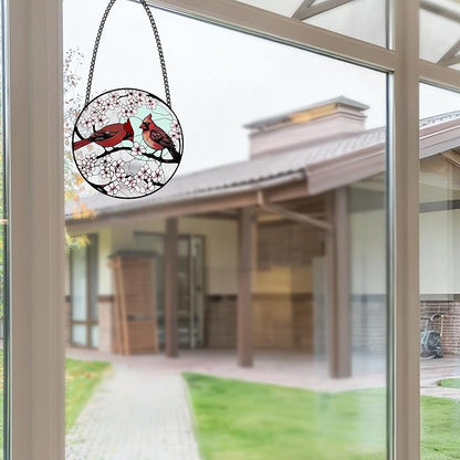 Stained Glass Window Hanging, Cardinal Sun Catcher Glass Panel with Metal Chain, Red Suncatcher Decor for Women, Men, Wife, Aunt, Lovers Birthday 7.8 in