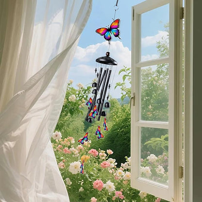 Butterfly Wind Chimes for Outside, Black Metal Acrylic Windchimes Outdoors, Butterfly Gifts for Women Men, Garden Yard Decor, Memorial/Birthday Gifts for Grandma Mom, Durable Chimes for Outdoors