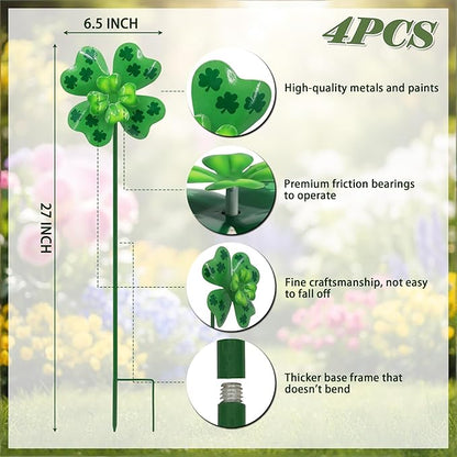 4pcs Clover Yard Wind Spinners Outdoor Decoration Stakes Lawn Ornaments, Lawn Decorations Garden Stakes, Metal Outside Decorations for Metal Yard Art Flower Garden Decor, Spring Mom Gifts