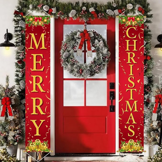 Ivenf Christmas Decorations Outdoor Yard: Red Gold Door Banner Front Porch Sign Set, Hanging Merry Christmas Decorations for Home, Indoor Outdoor Xmas Decor Wall Front Door Yard Garage