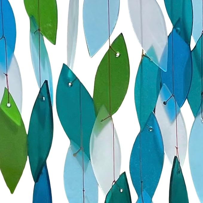 Blue Handworks Ocean Waterfall Glass and Driftwood Chime, Sandblasted Glass and Found Wood Handcrafted Wind Chime