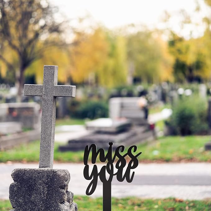 Fumete Cemetery Decorations for Grave, Miss You Memorial Grave Markers, Metal Memorial Stake Headstones Cemetery Plaque Garden Yard Outdoor Decoration for Mom Dad Friend(12.6 x 7.87 Inch)